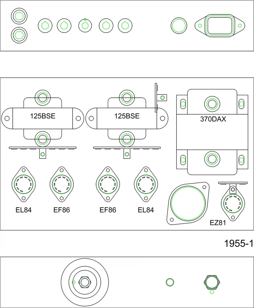 1955-1 amplifier chassis layout drawing showing top, front and rear panels with component positions and mounting holes.