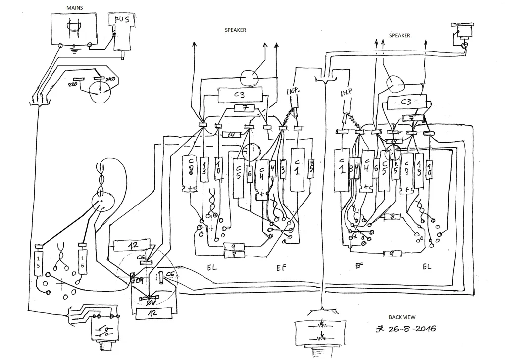 Original chassis layout and wiring sketch for the 1955-1 tube amplifier, showing component positions and interconnections