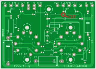 Track-cut location for the bass-boost control modification on the B1955-1B-R PCB.