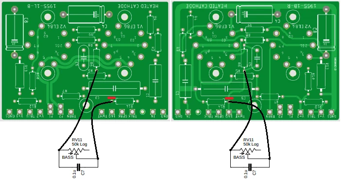 Wiring diagram showing the bass-boost potentiometer connections between R6 and R14 on the left- and right-channel B1955-1B PCBs.