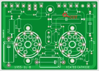 Track-cut location for the bass-boost control modification on the B1955-1B-L PCB.