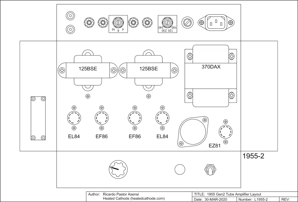 Chassis layout drawing of the 1955 Gen2 EL84 single-ended stereo tube amplifier, showing the Hammond 125BSE output transformers, Hammond 370DAX power transformer, EL84, EF86 and EZ81 tube sockets, front controls and rear panel connectors.