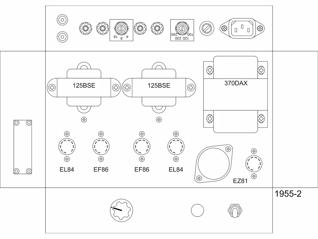 Chassis layout drawing of the 1955 Gen2 EL84 single-ended stereo tube amplifier, showing the Hammond 125BSE output transformers, Hammond 370DAX power transformer, EL84, EF86 and EZ81 tube sockets, front controls and rear panel connectors.