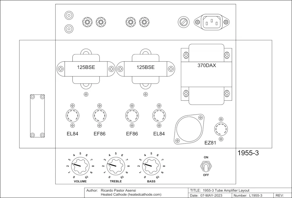 Chassis layout drawing of the 1955-3 Mullard 3-3 tube amplifier, showing the transformers, tube sockets, front-panel controls and rear-panel connectors.