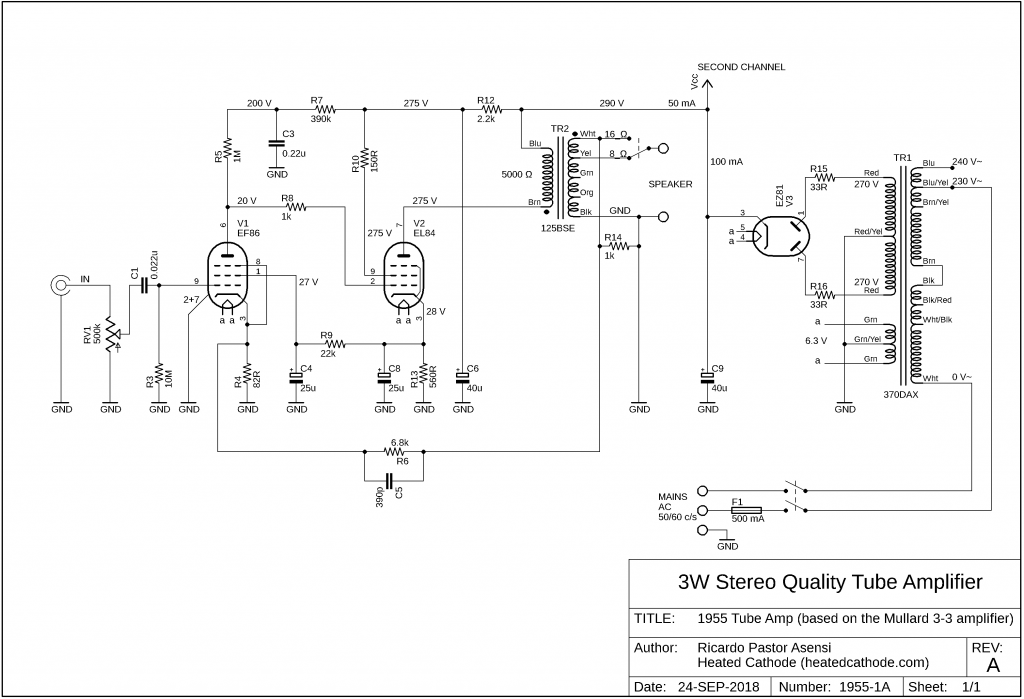 1955 schematic for a 3W stereo single-ended tube amplifier based on the EL84 tube and Mullard 3-3 design.