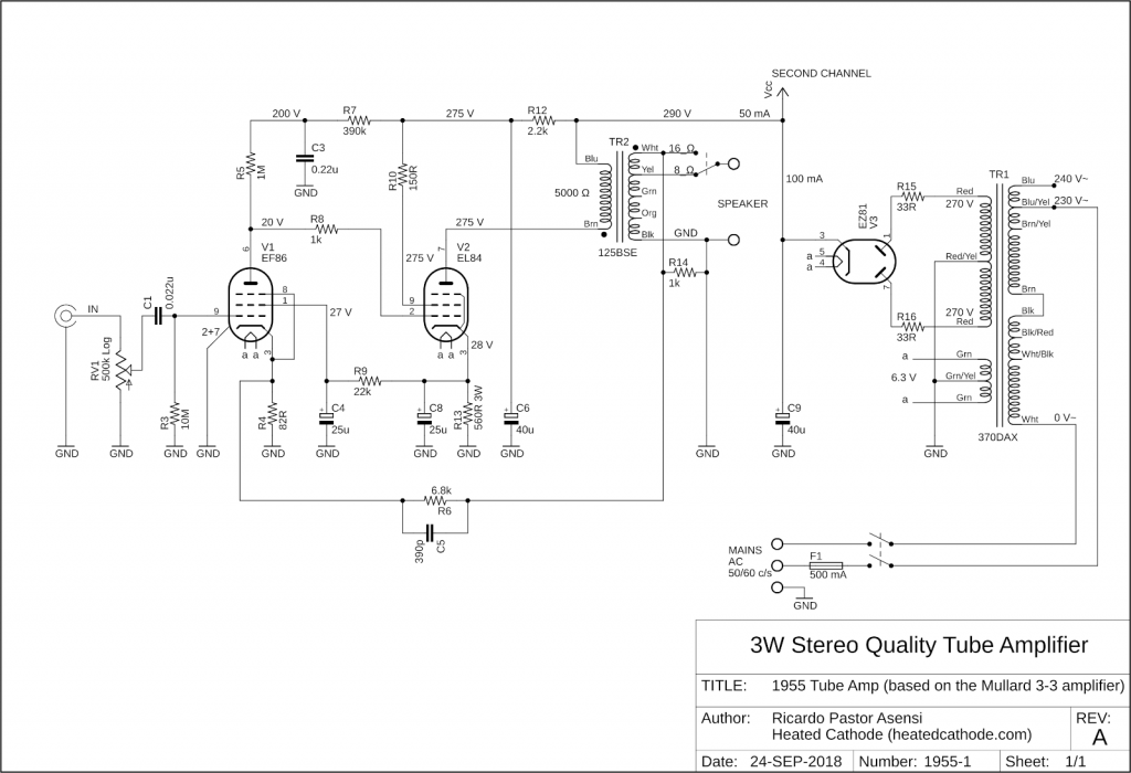 Schematic of the 1955-1 3 W stereo single-ended EL84 tube amplifier based on the Mullard 3-3.