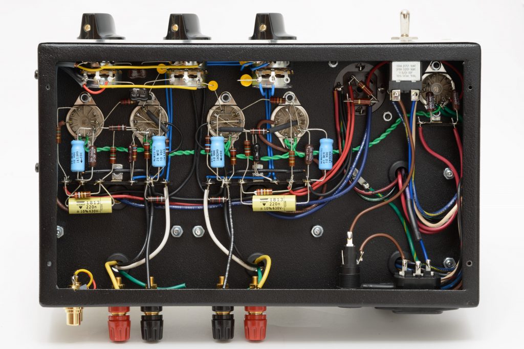 Model 1955-3 single ended stereo tube amp bottom wiring view