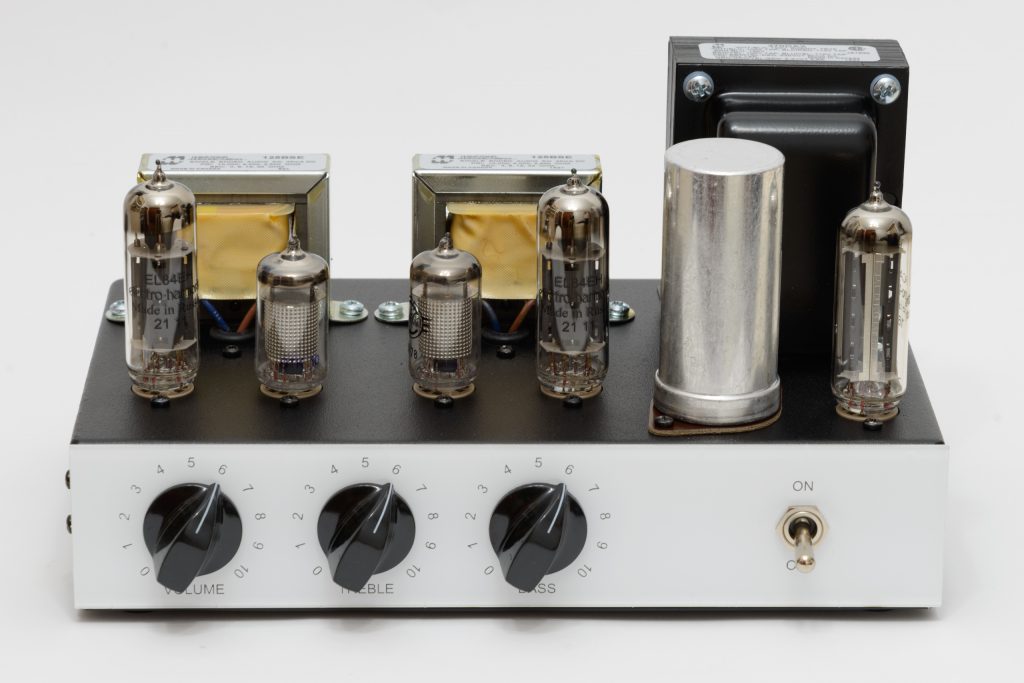 Model 1955-3 single ended stereo tube amp front view.