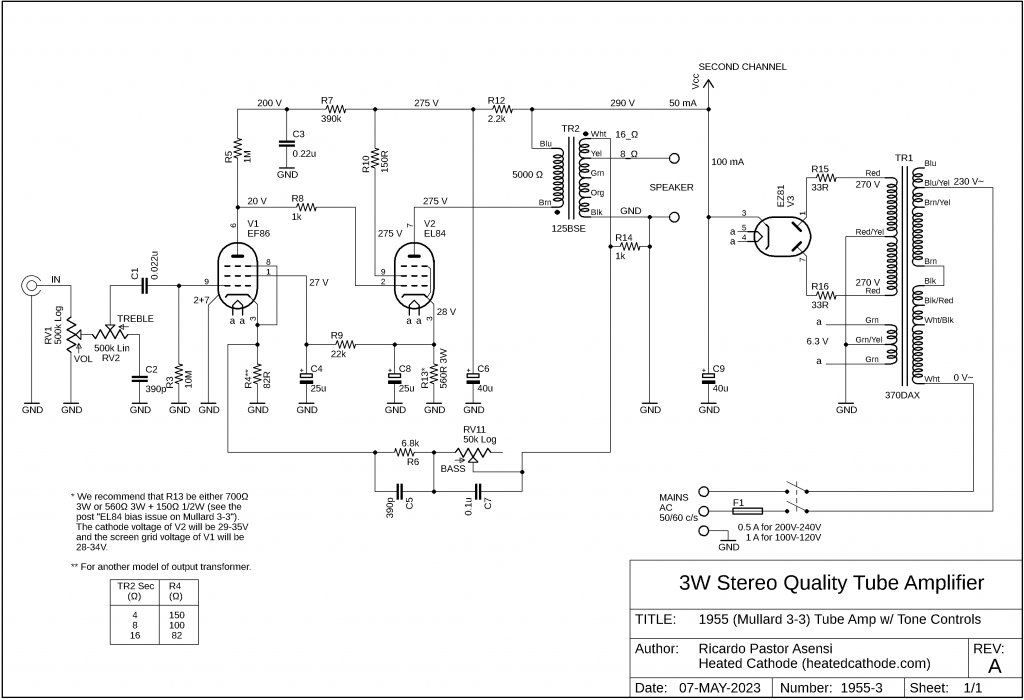 Model 1955-3 tube amplifier with tone controls schematic