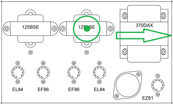 Top-down layout drawing showing two output transformers and a power transformer, with markings indicating magnetic axis orientation and the close spacing between the power transformer and the right output transformer.
