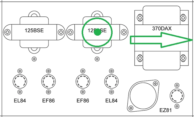 Top-down layout drawing showing two output transformers and a power transformer, with markings indicating magnetic axis orientation and the close spacing between the power transformer and the right output transformer.