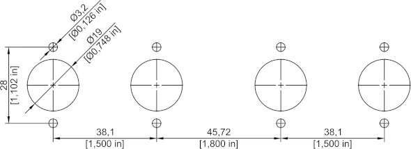 Dimensioned chassis cut-out and drilling drawing for mounting the left- and right-channel B1955-1 series PCBs.