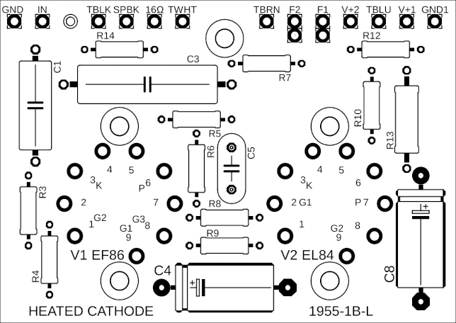 Bottom-side drawing of the left-channel B1955-1B-L PCB for the Model 1955 amplifier.