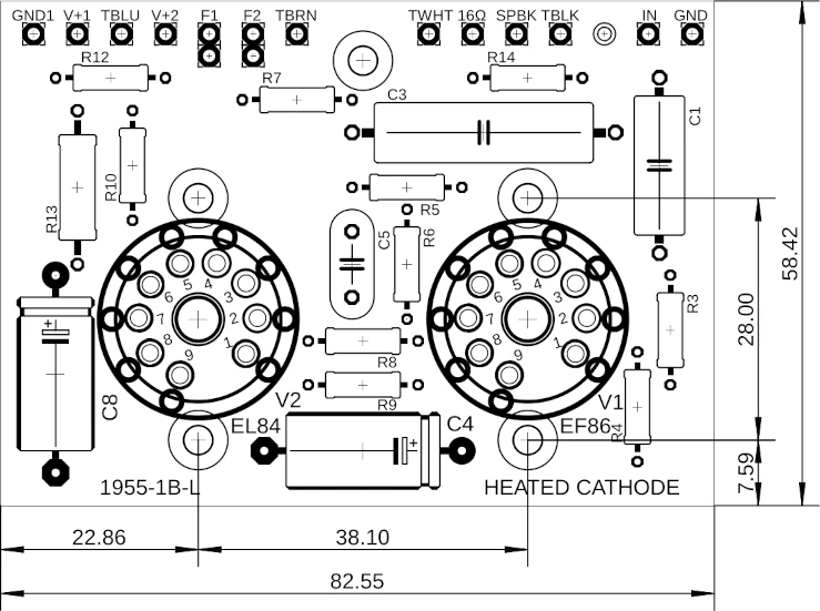 Dimensioned drawing of the B1955-1B-L left-channel PCB for the Model 1955 amplifier.