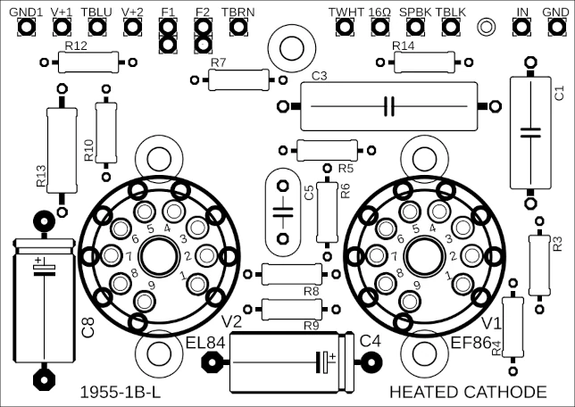 Top-side drawing of the left-channel B1955-1B-L PCB for the Model 1955 amplifier.