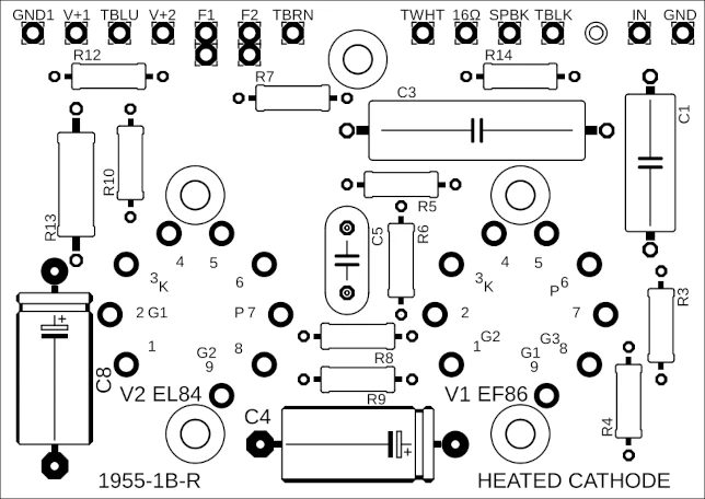 Bottom-side drawing of the right-channel B1955-1B-R PCB for the Model 1955 amplifier.