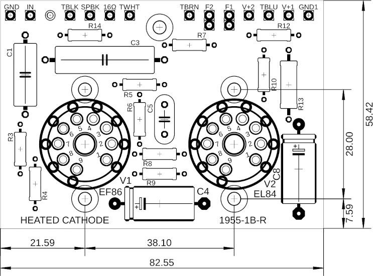 Dimensioned drawing of the B1955-1B-R right-channel PCB for the Model 1955 amplifier.
