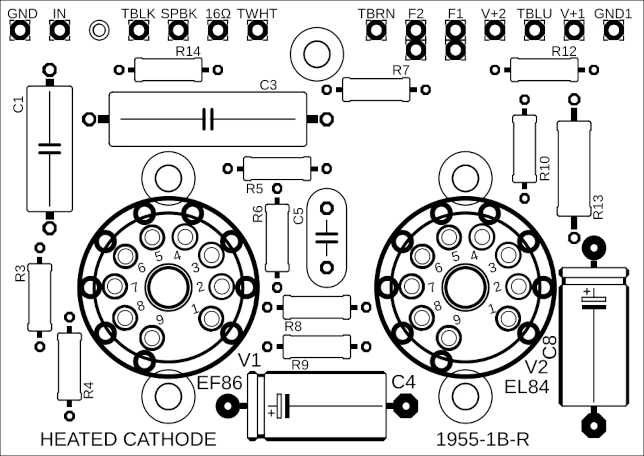 Top-side drawing of the right-channel B1955-1B-R PCB for the Model 1955 amplifier.