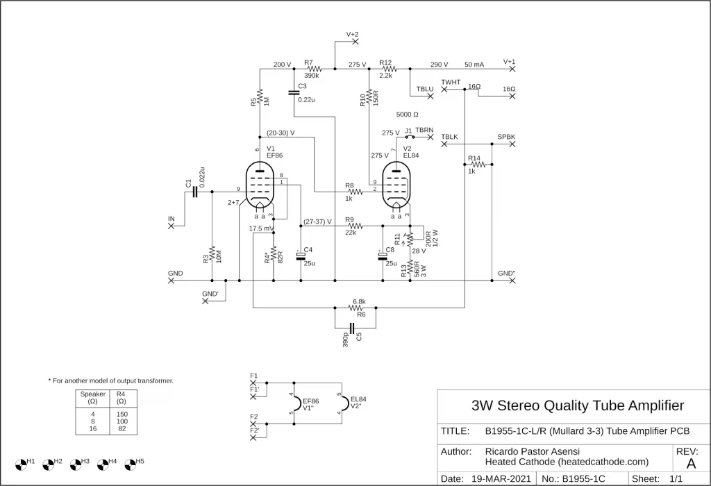 Mullard 3-3 B1955-1C PCB schematic for the EL84 and EF86 amplifier stage with adjustable bias.