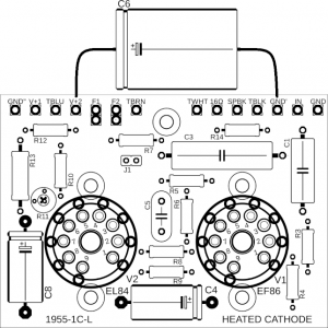 B1955-1C-L PCB drawing showing axial electrolytic capacitor C6 connected between V+2 and GND.