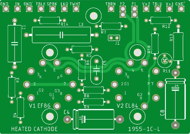 Bottom-side drawing of the left-channel B1955-1C-L PCB for the Model 1955 amplifier.