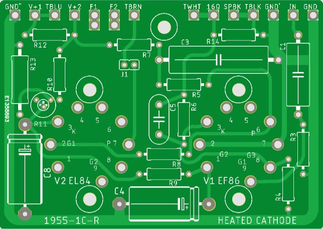 Bottom-side drawing of the right-channel B1955-1C-R PCB for the Model 1955 amplifier.
