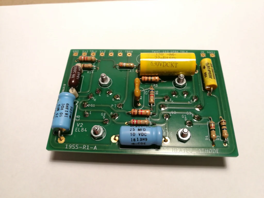 Bottom side of the populated B1955-R1-A PCB showing resistors and capacitors.
