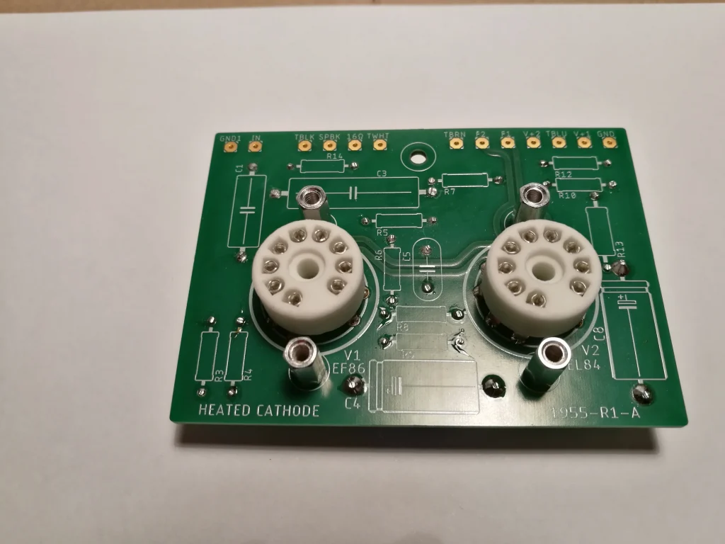 Top side of the populated B1955-R1-A PCB showing the EL84 and EF86 tube sockets.