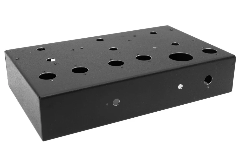 Empty 1955-1 amplifier chassis front isometric view.