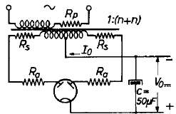 Full-wave tube rectifier with capacitor input filter showing the resistances of the transformer windings.