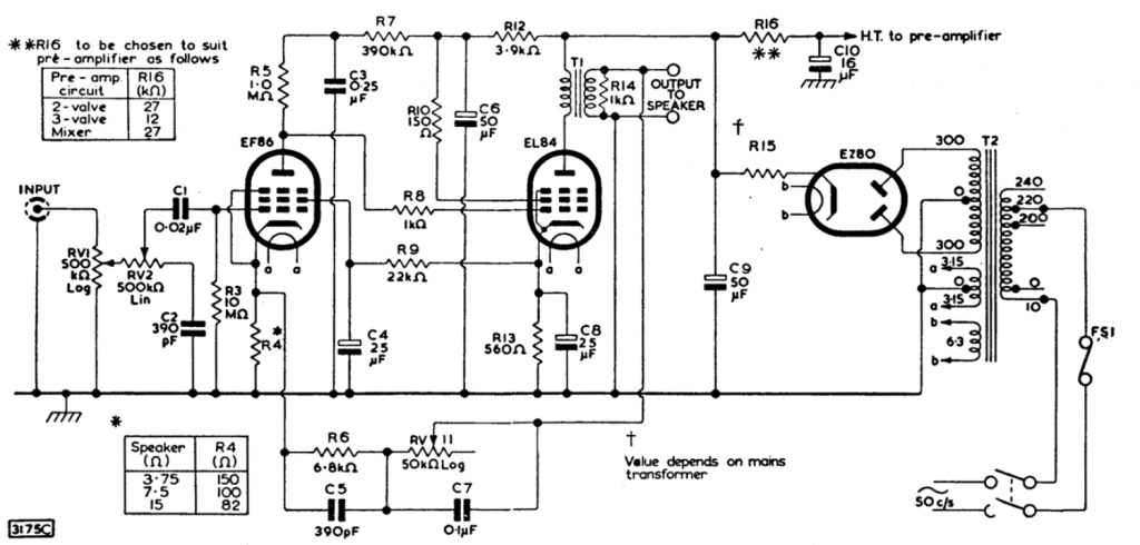 Original Mullard 3-3 audio amplifier schematic with volume and tone controls.