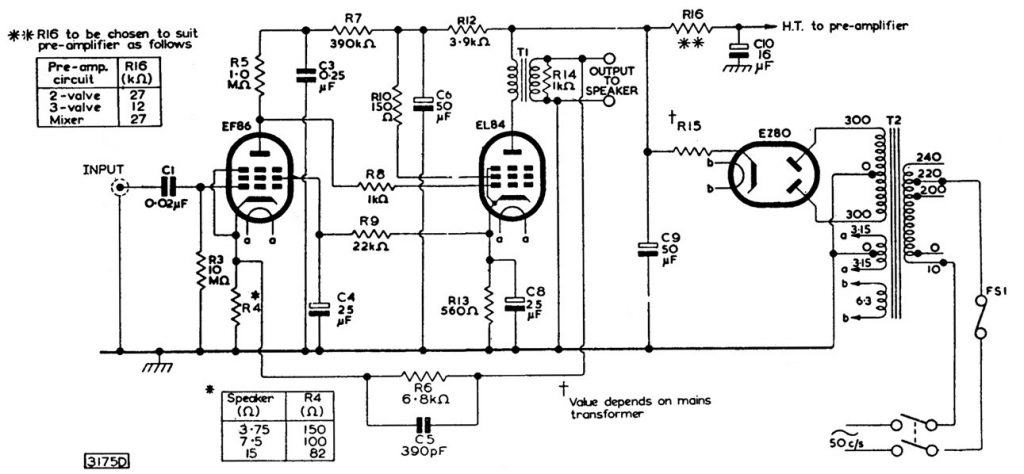 Original Mullard 3-3 audio amplifier control-less schematic.