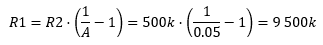 Mathematical formula that yields R1 = 9500 kilohms.