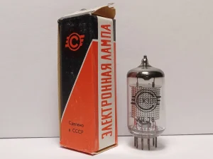 Russian NOS EF86-equivalent vacuum tube standing beside its original Soviet box.